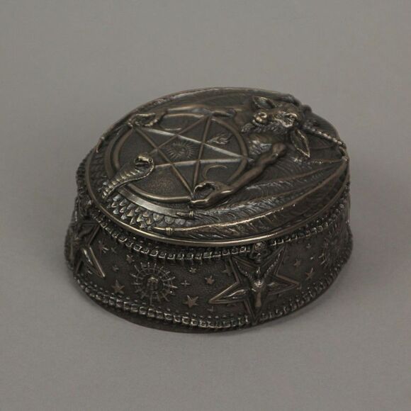 Baphomet With Inverted Pentagram Bronze Finished Round Trinket Box - Picture 2 of 3